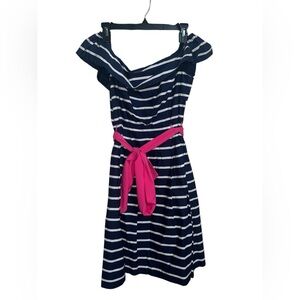 Nwt Eliza J Fit‎ & Flare Pleated Navy Cream Striped Dress Belted Pink Bow Sash 6